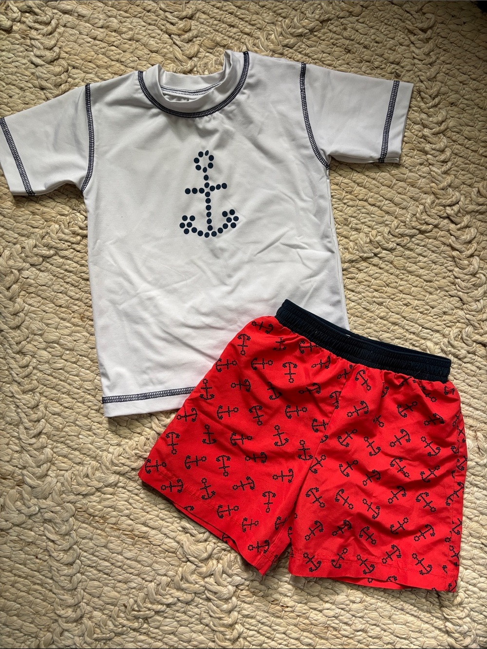 Florence Eiseman Nautical White Rash Guard with Anchor Swim Trunk Set